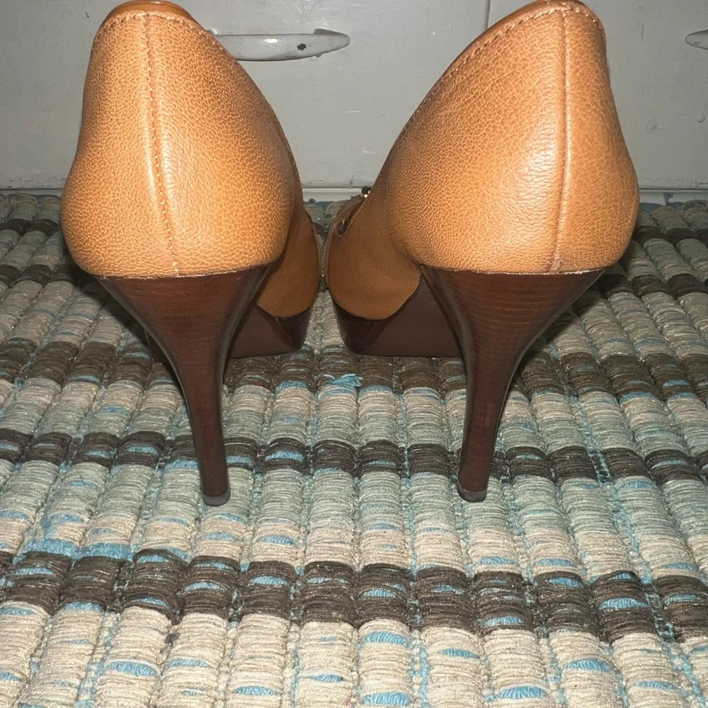 Michael‎ Kors Tan Peep-Toe Wooden Heels